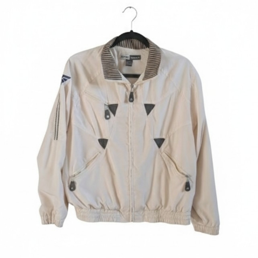 VTG Jamie Sadock Cream Golf Jacket Windbreaker Bomber Leather Trim Zip